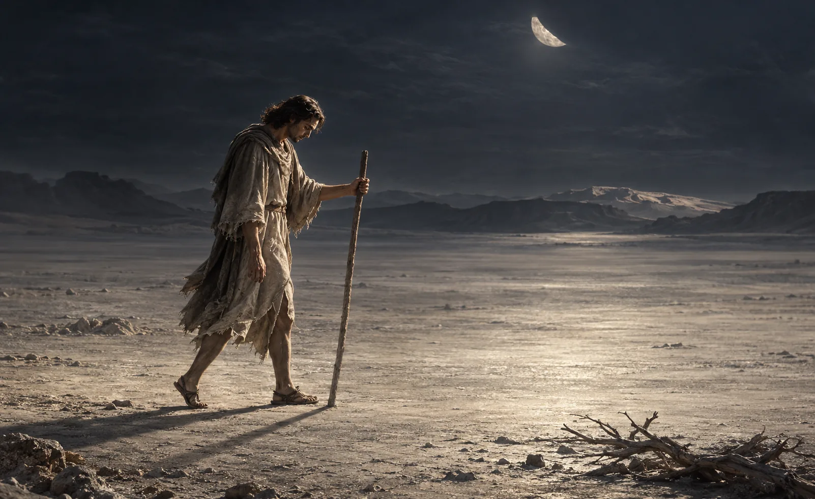 Cineira concept art of Zailm alone on a barren moonlit shore, leaning on a staff with his head bowed