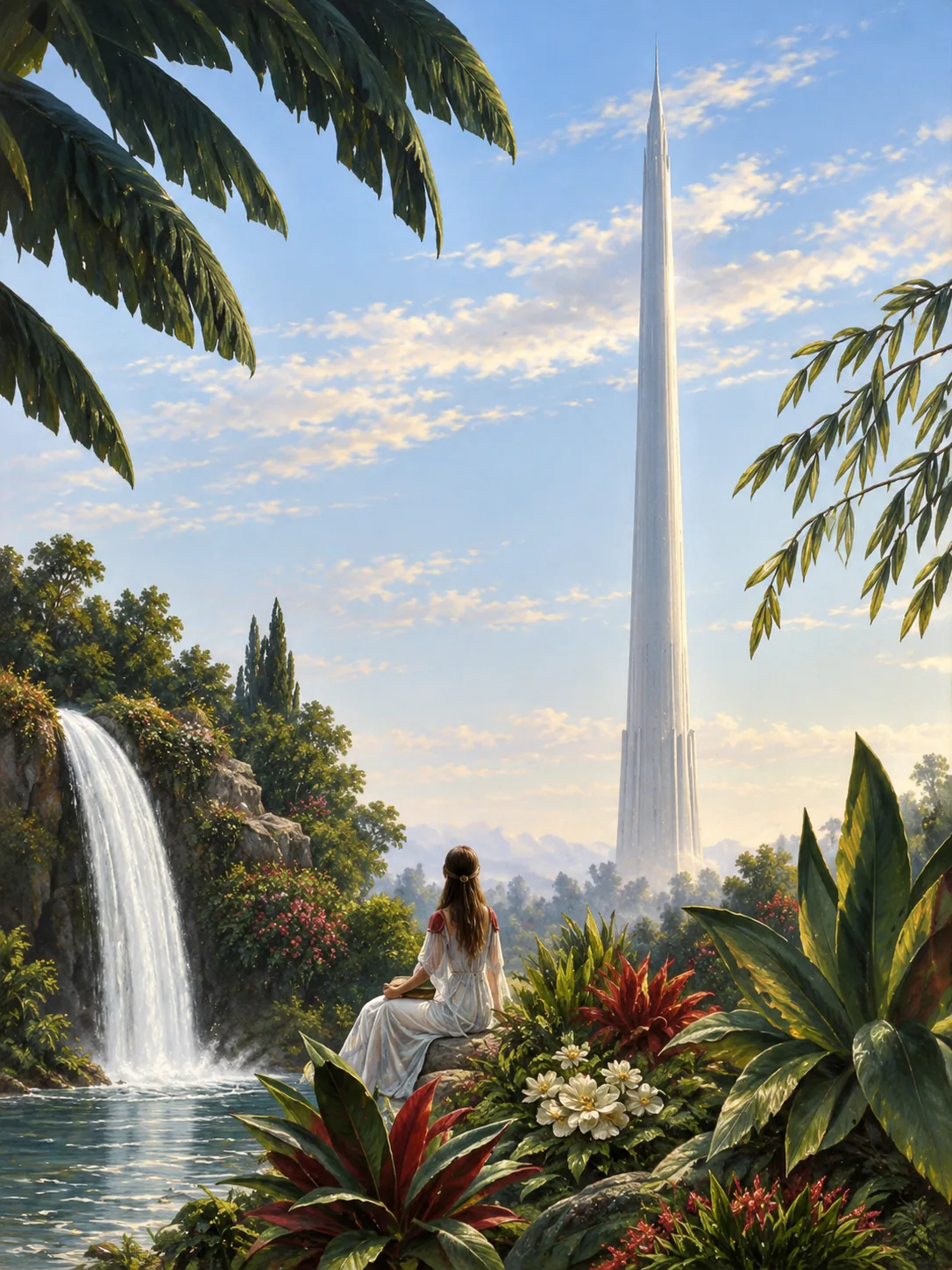 Cineira concept art of Anzimee seated by the water at Roxoi with the Tower of Maxt far behind her