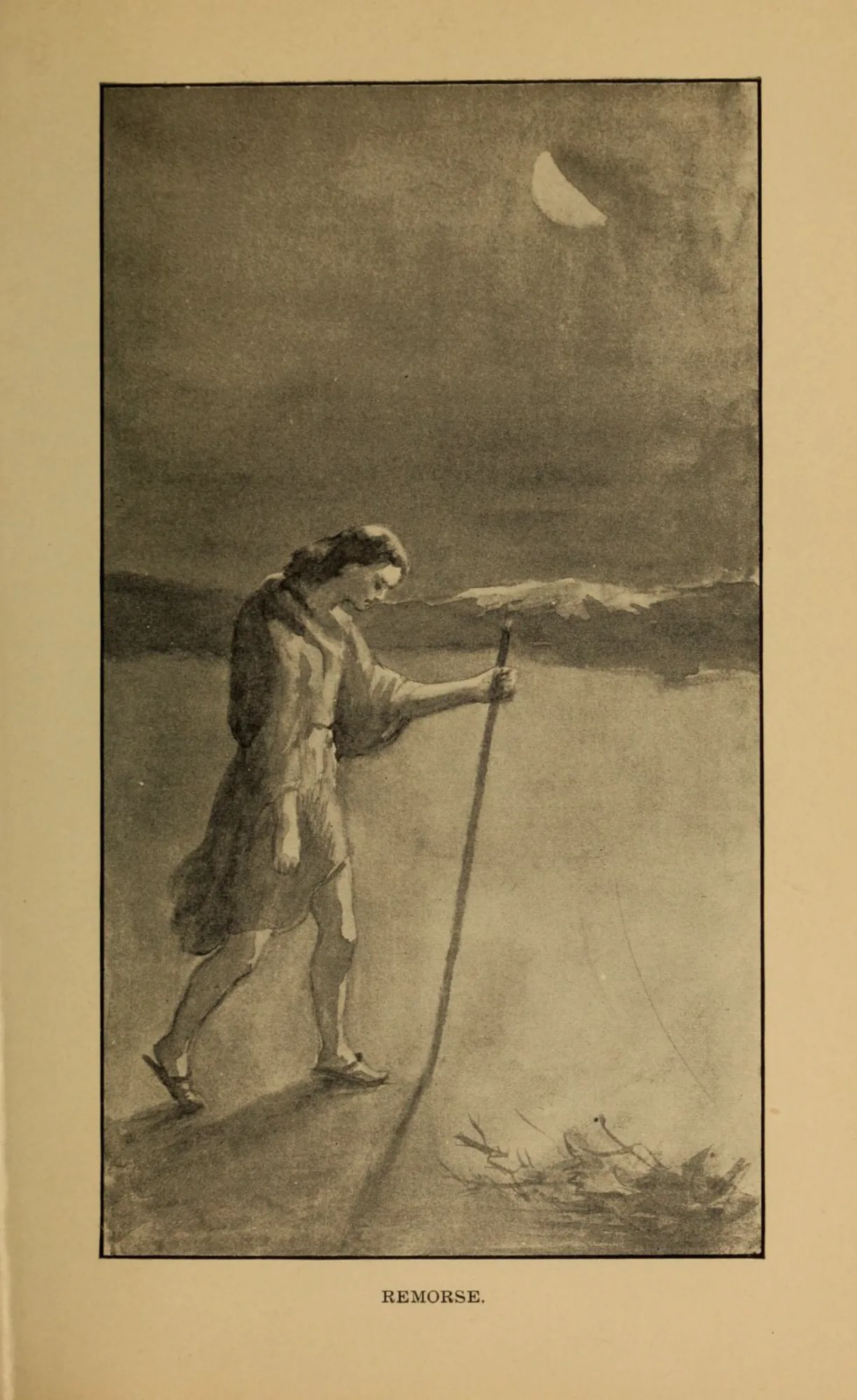 1905 plate titled Remorse, a figure alone on a bare shore leaning on a staff under a thin moon