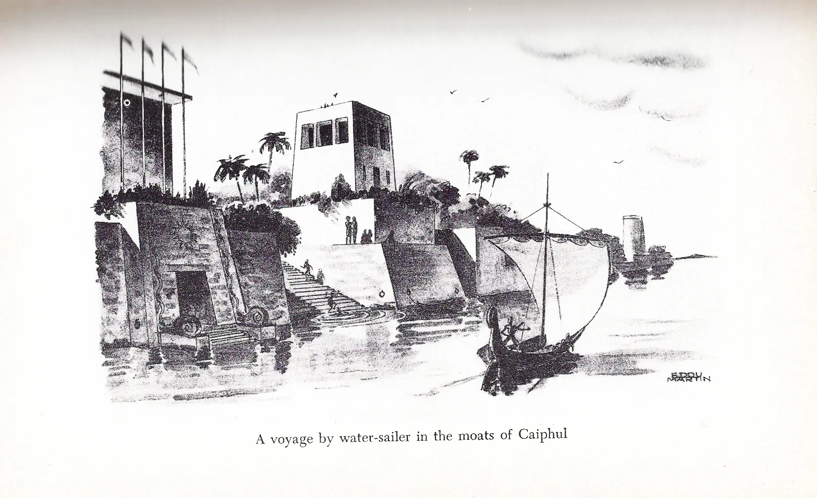 Book illustration of a water-sailer voyage in the moats of Caiphul