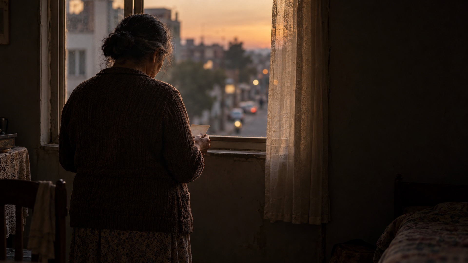Open Heart development concept art: a woman seen from behind holding a photograph at a window at sunset
