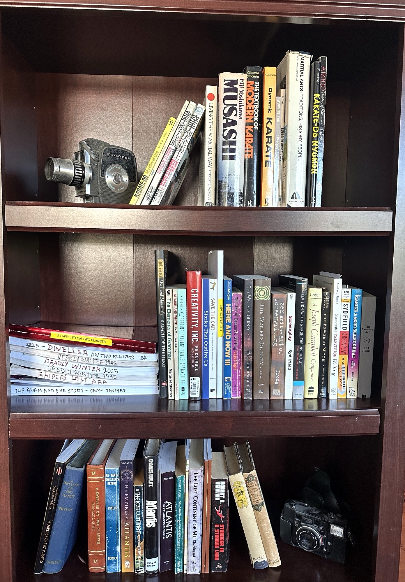Dan Neira's working bookshelves with filmmaking books, research volumes, and vintage cameras