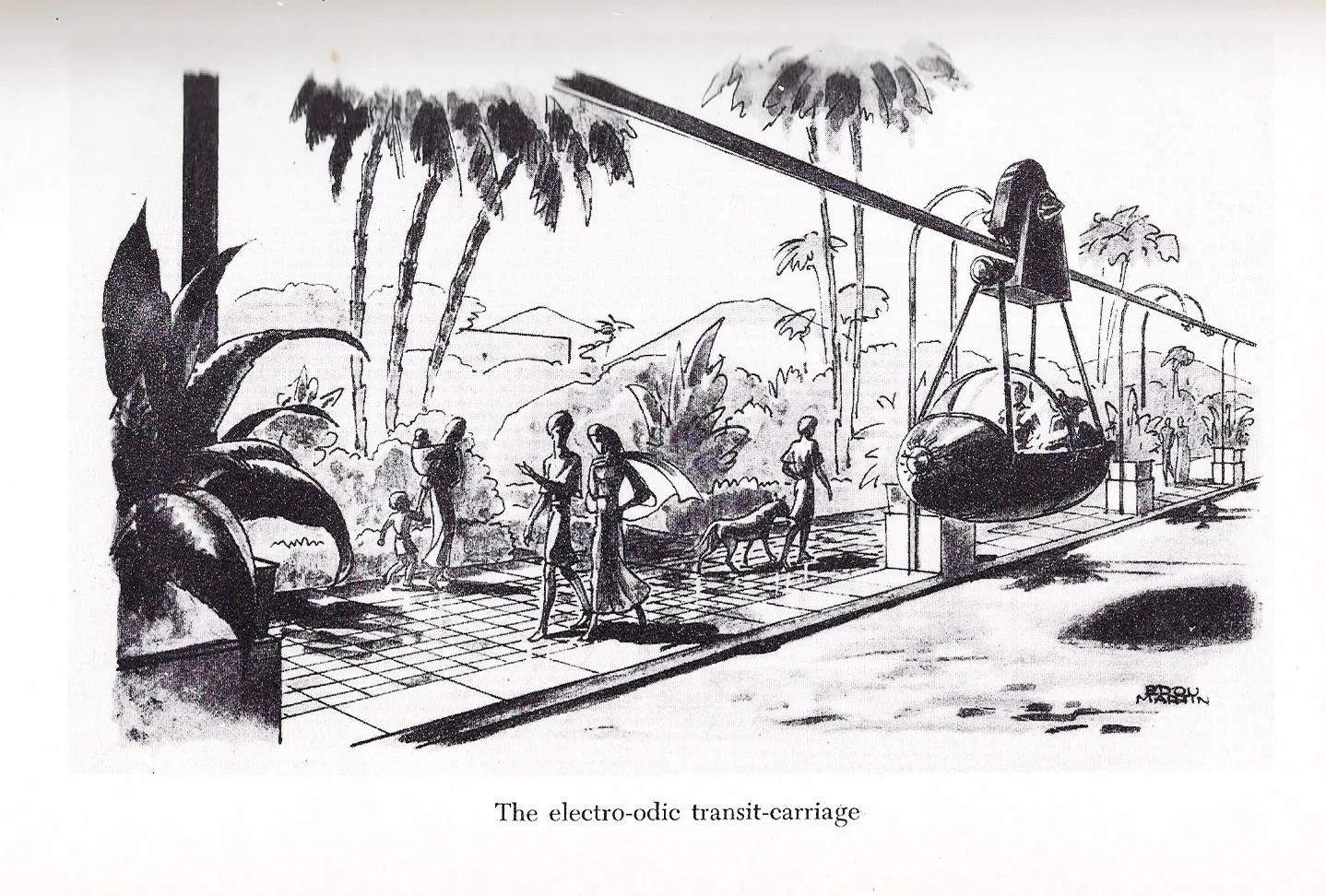 Book illustration of the electro-odic transit-carriage hanging from a rail above a Caiphul avenue