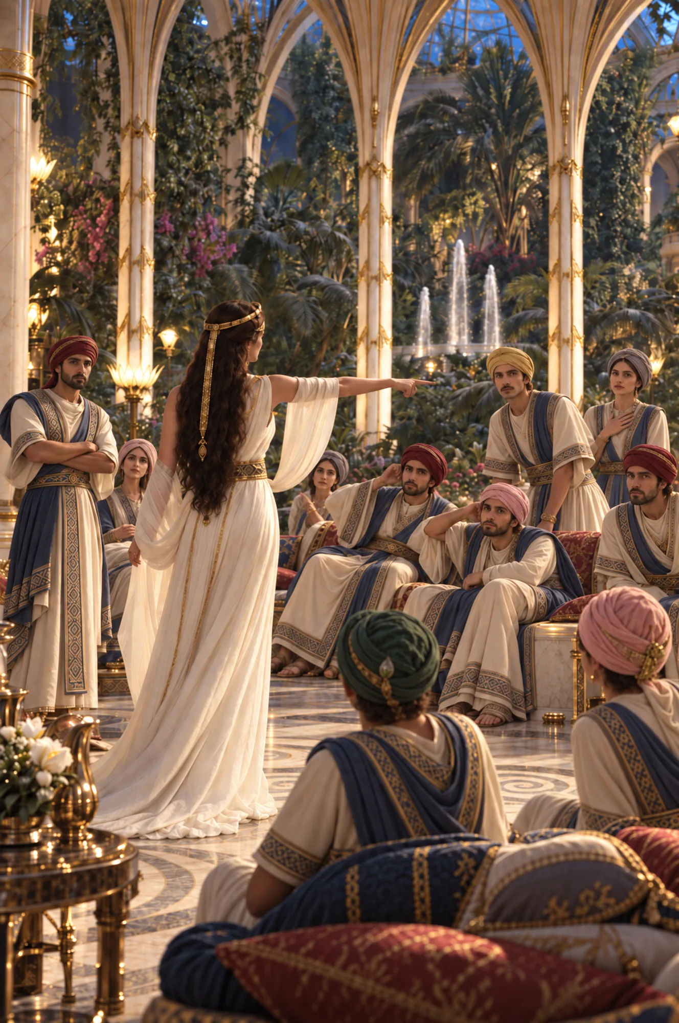 Cineira concept art of Princess Lolix standing with her arm outstretched as a gathering listens