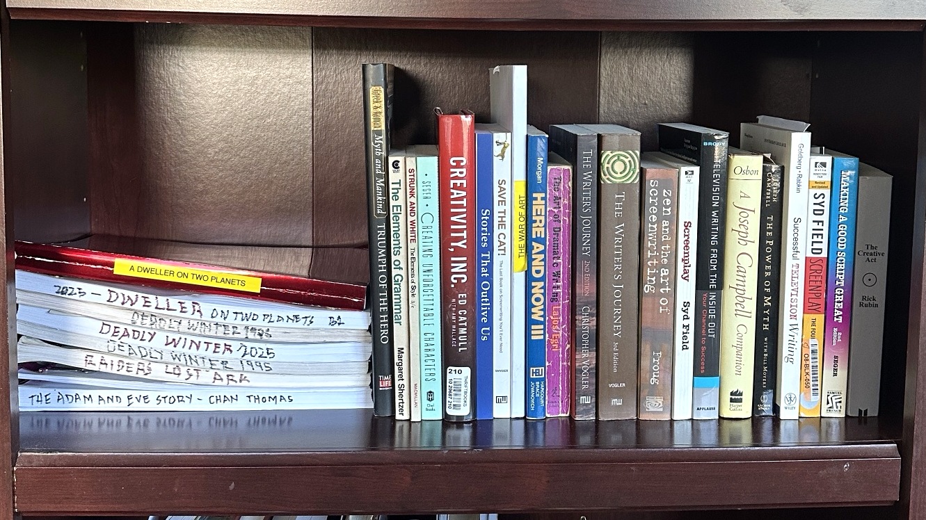 Screenwriting books and screenplay drafts on Dan Neira's research shelves