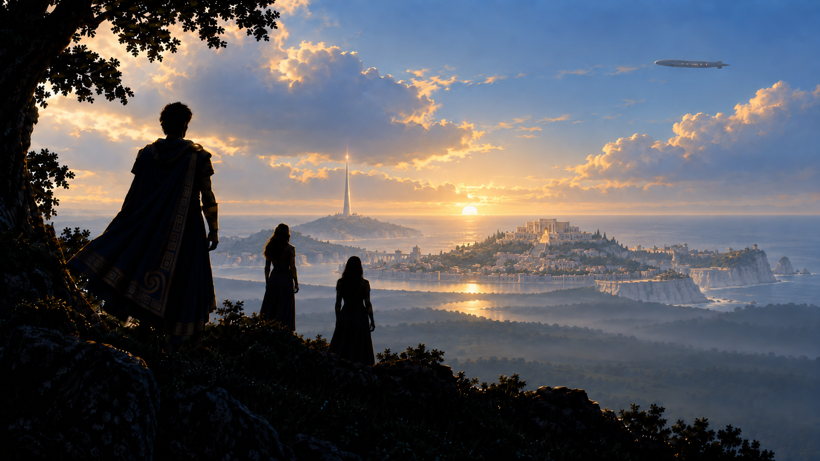 Concept art for Cineira Studios. A young man in a blue and gold cloak stands in silhouette on a high ridge with two women below him, all facing a distant Atlantean capital at sunset, its ring moat and terraced hills set on a promontory above the open ocean, with a tall tower on a separate hill and an airship in the sky.
