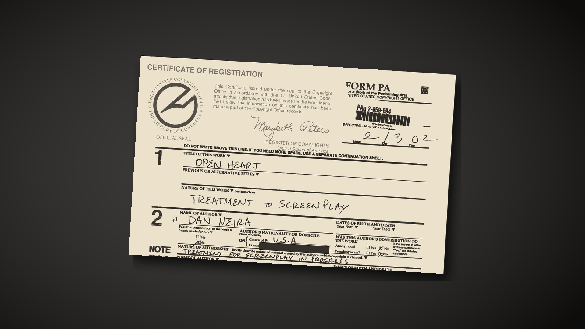 The 2002 copyright registration certificate for Open Heart by Dan Neira