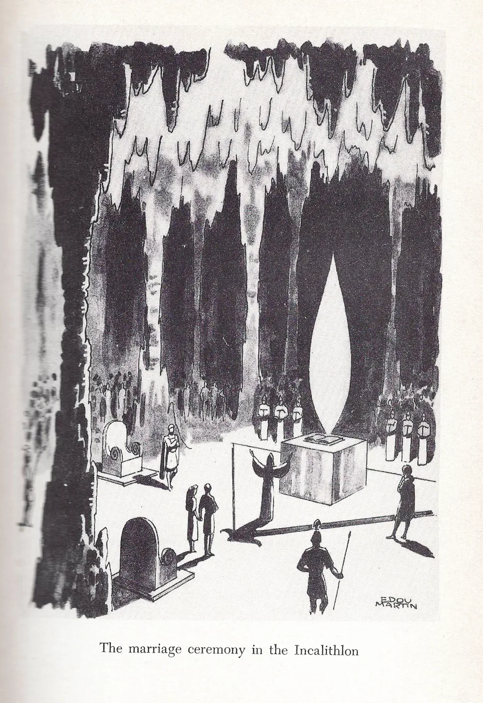Book illustration of the marriage ceremony in the Incalithlon, tiny figures beneath towering dark stone