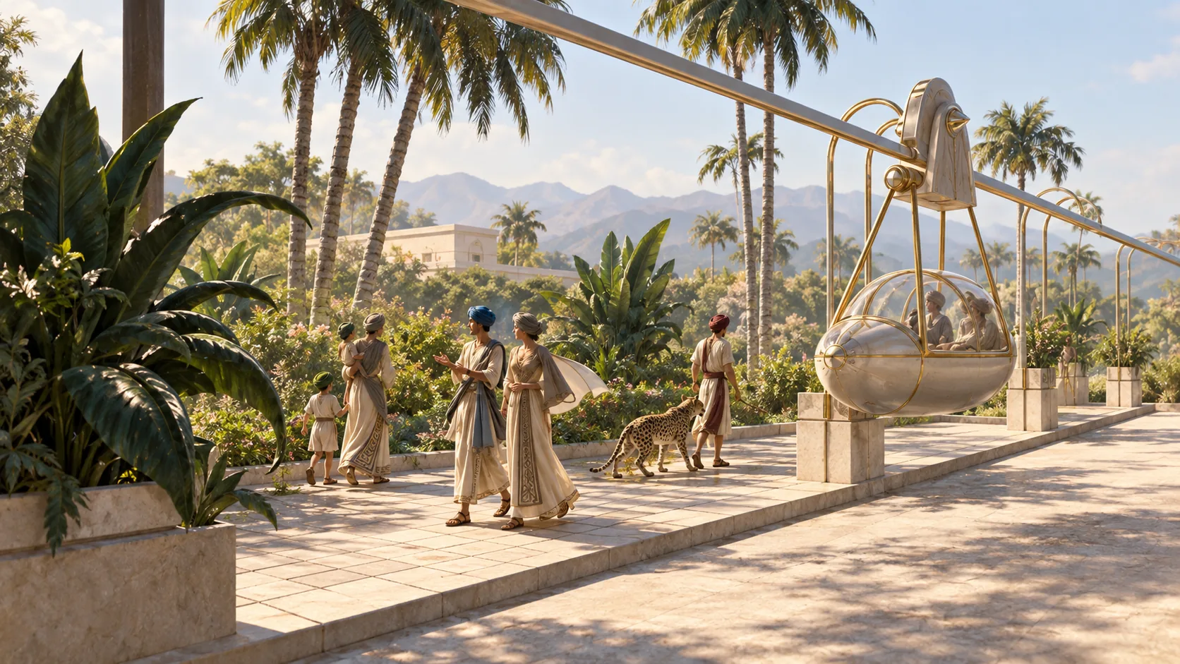 Cineira concept art of a transit carriage hanging from a rail above a sunlit avenue in Caiphul