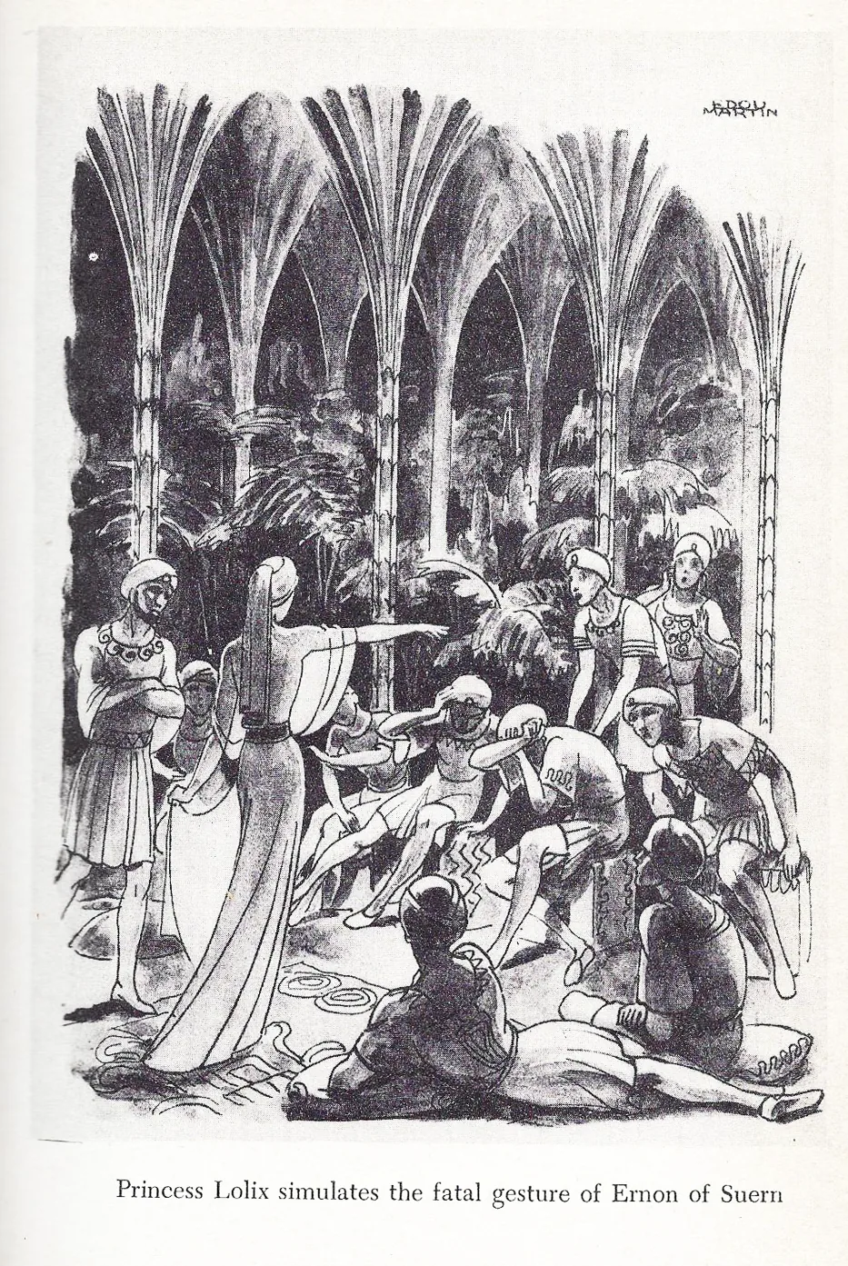 Book illustration of Princess Lolix simulating the fatal gesture of Ernon of Suern before a seated gathering