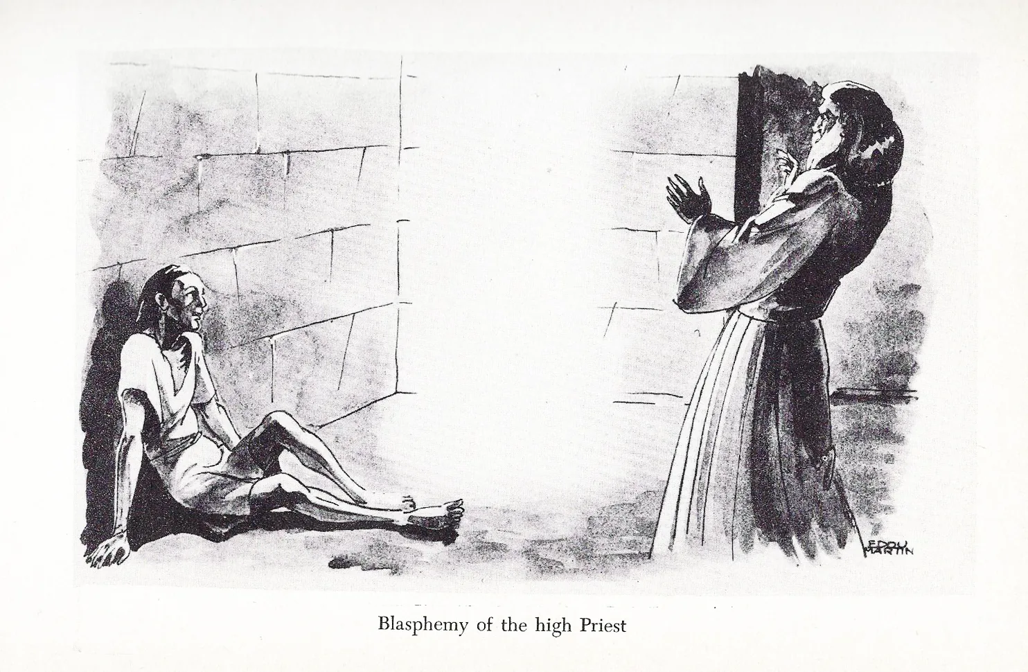 Book illustration of the blasphemy of the high priest, a collapsed man on the floor and a robed priest with raised arms