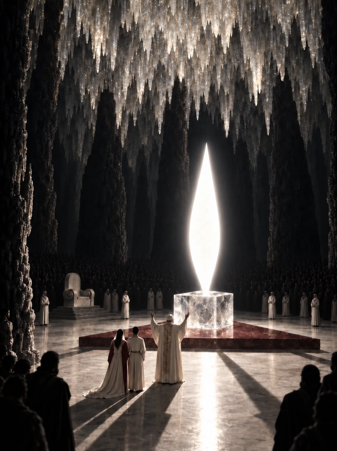 Cineira concept art of the ceremony in the Incalithlon, a crystal cube lit by the Unfed Light inside a vast cavern temple