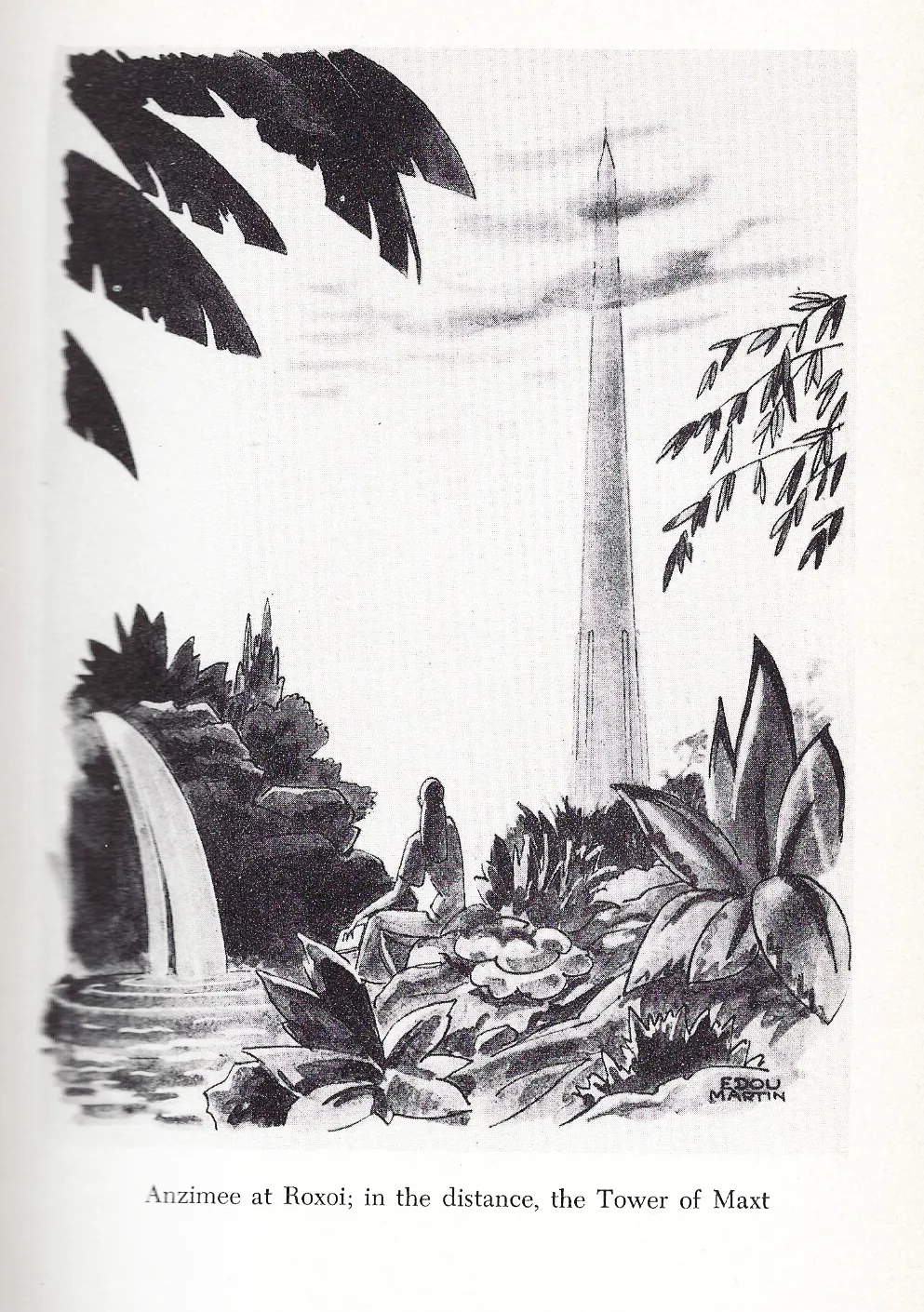Book illustration of Anzimee at Roxoi with the Tower of Maxt in the distance
